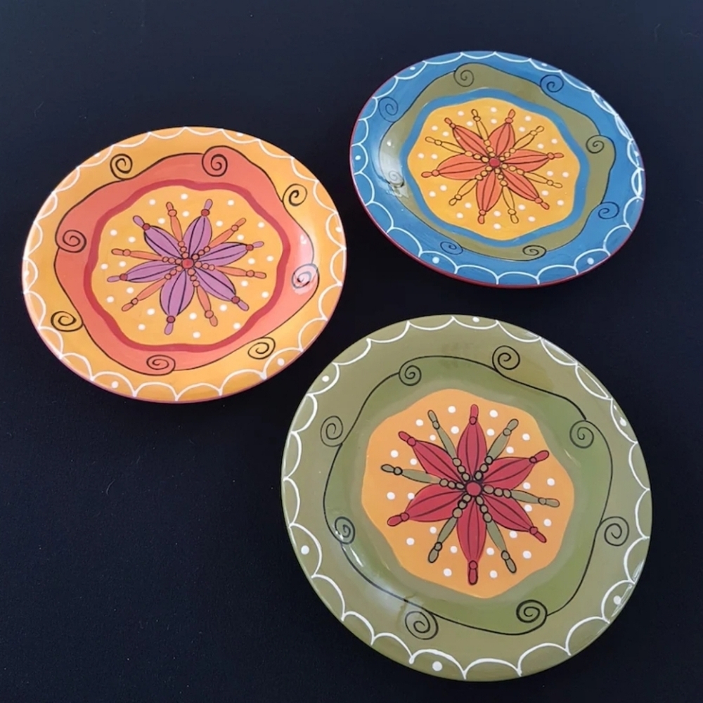Pier 1 Hand Painted Ironstone Salad Plates, Set of 3 Unique Plates